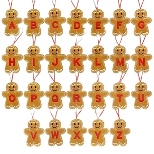 Set of 26 Gingerbread Man Christmas ornaments with red embroidered A-Z alphabet letters