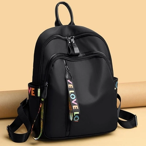 Waterproof black oxford backpack for women with colorful LOVE ribbon zipper pullers