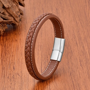 Classic braided brown leather bracelet with silver stainless steel magnetic clasp for men