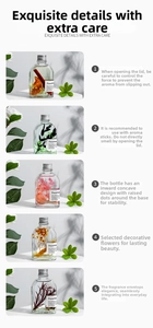 Détails de cinq flacons de diffuseur en verre avec éléments botaniques et bouchons argentés