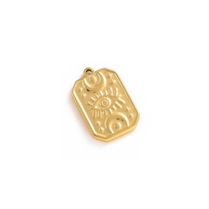 Macro view of gold vintage evil eye rectangular pendant with moon and star relief