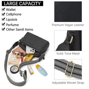 Detail showing high-capacity interior of the black leather crossbody bag with daily essentials