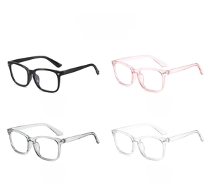 Square blue light glasses available in black, transparent pink, gray, and clear frames