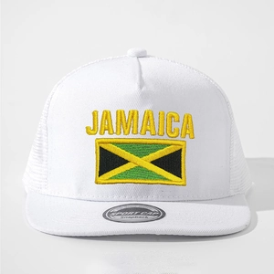 White Jamaica snapback cap with yellow embroidery and breathable mesh side panels