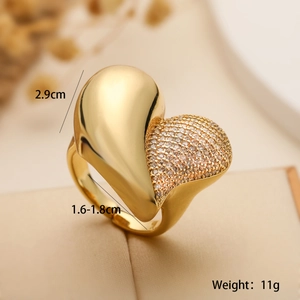 Detailed view showing dimensions of a gold heart ring with micro-pave cubic zirconia