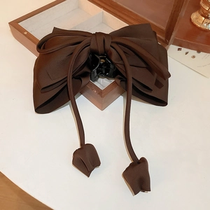 Détail d'une pince à cheveux à nœud marron foncé avec de longs pompons élégants en tissu