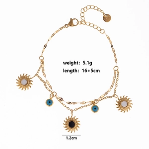 Double-layered gold stainless steel bracelet with sun and evil eye charms, 16+5cm length