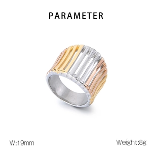 Detailed parameter display of 19mm wide tricolor gold ring with vertical ribbed texture