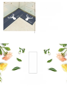 Detail of blue plaid kitchen mat set featuring elk pattern and anti-slip backing