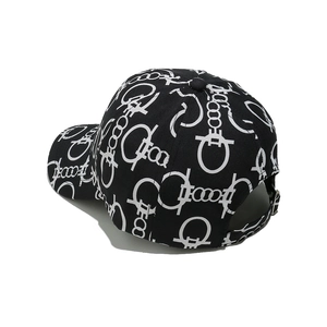 Detail of black baseball cap with white interlocking pattern and six-panel structure