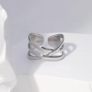 Polished silver stainless steel multi-layer crisscross ring with an adjustable open band