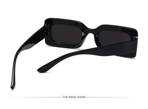 Side view of black rectangular sunglasses showing sleek temples and back structure