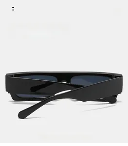 Detail view of glossy black curved mirror legs on square frame sunglasses for comfort