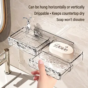 Wall-mounted double-layer acrylic soap holder with silver rabbit and drainage tray