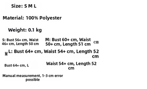 Size chart for halter plaid top and skirt set showing S to L measurements and material detail