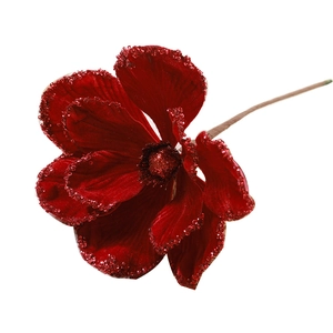 Glittering 25cm dark red artificial Christmas flower with velvet petals and long stem