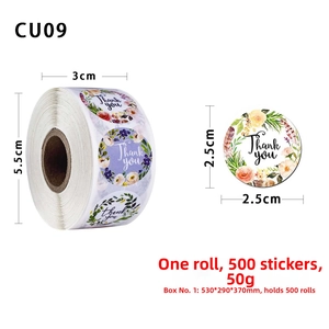 Detail of floral Thank You stickers roll showing 2.5cm diameter and 500 labels per roll