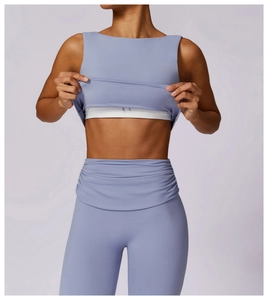 Detail view of breathable light blue yoga set showing inner lining and matte fabric texture