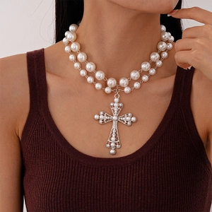Baroque double-layer pearl necklace with a large ornate vintage cross pendant for women