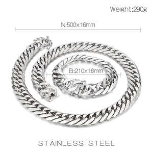 Detailed view of 16mm stainless steel curb chain set with necklace and bracelet specs