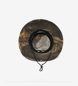 Detail view of camouflage sun hat with breathable black mesh lining and adjustable chin strap