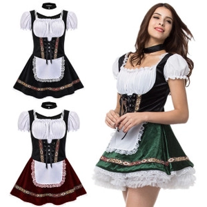 Three colors of Bavarian Oktoberfest dirndl sets featuring lace aprons and puff sleeves