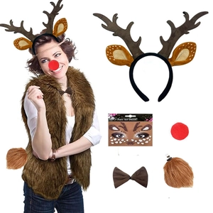 Detail showing brown reindeer antler headband, plush vest and festive accessories kit