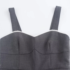 Deep grey lace camisole dress with white floral embroidery and backless detail