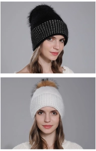 Close-up of ribbed knit hat with real raccoon fur pom-pom and sparkling silver thread