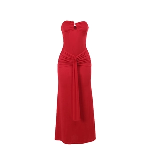 Elegant red strapless maxi dress with slimming pleated waist design for women