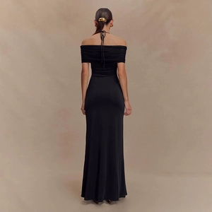 Elegant black off-the-shoulder maxi dress with a halter tie and pleated back design
