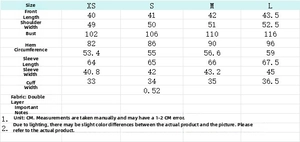 Detailed size chart for fashion cropped blazer with measurements for XS, S, M, L