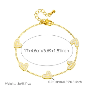 Gold heart bracelet with white enamel charms and lobster clasp for women jewelry set