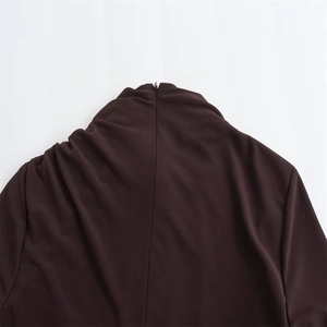 Detail von gerafftem Stehkragen und unsichtbarem Rückreißverschluss am dunkelbraunen Kleid