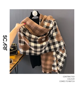 Detail of plaid cashmere-like scarf with tassels, styled with a handbag and sunglasses