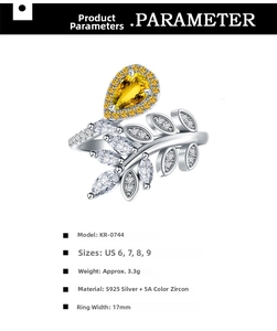 Macro view of S925 silver leaf ring featuring pear-shaped yellow zircon and white stones