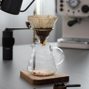 Brass and solid wood pour over coffee dripper stand set with a 500ml glass carafe