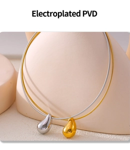 Detail of PVD gold plated water drop pendant on a snake chain over a neck bust display