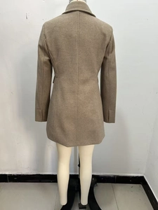 Back view detail of khaki wool blend short coat with clean stitching and premium texture