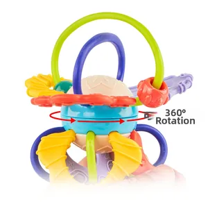 Close-up of baby teether rattle with 360-degree rotating ball and colorful grip rings