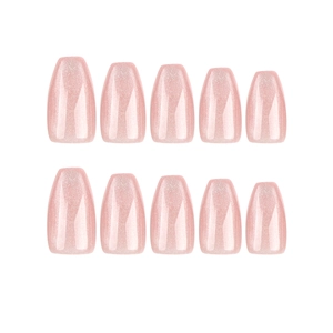 Short coffin shimmering cat-eye press-on nails in translucent nude pink glitter finish