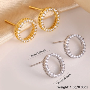 Golden and silver round pave stud earrings with sparkling cubic zirconia in 1.5cm diameter