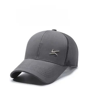 Close-up of breathable mesh panel and embroidered gold logo on dark grey baseball cap