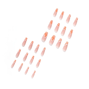 Orange wave pattern ombre coffin false nails in 24 piece set with nude pink gradient