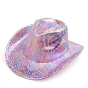 Detailed view of pink iridescent scales and high-quality stitching on a cowboy party hat