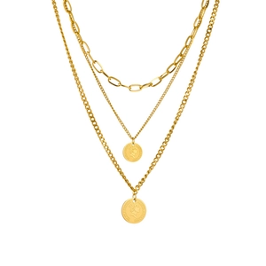 Layered gold titanium steel necklace featuring coin pendants and thick oval link chain