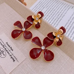 Vintage floral drop oil earrings with crystals and gold-tone finish for women