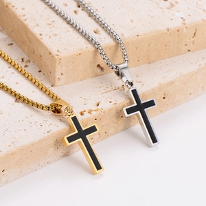Gold and silver stainless steel cross necklaces with black inlay on box chains
