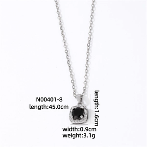 Detail of square black gemstone pendant with silver chain and product dimensions