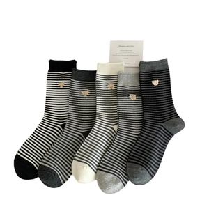 Striped cotton crew socks with bear embroidery in five colors on a clean white background